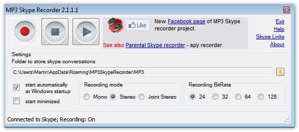 Interfaz de grabadora de Skype MP3