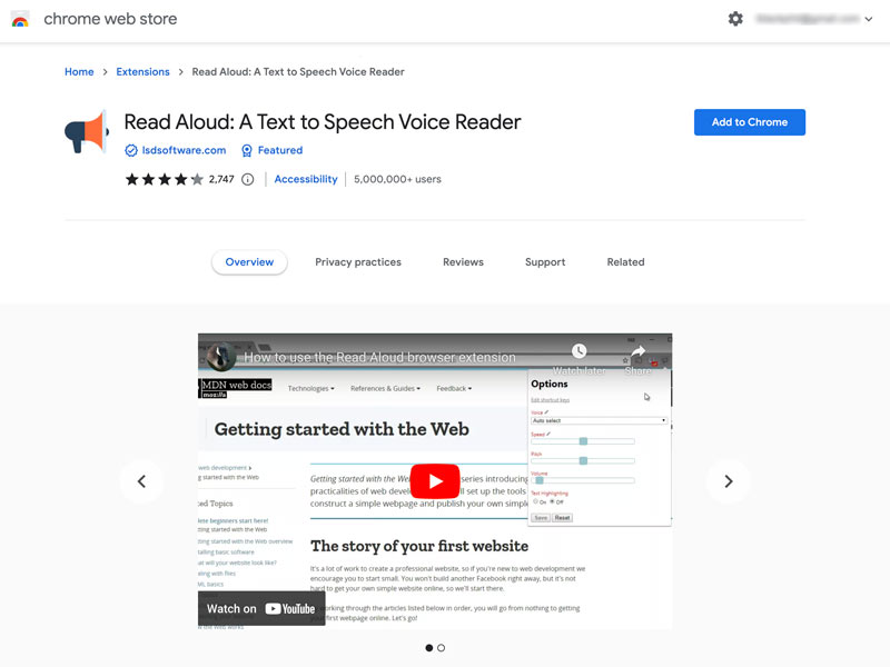 Leer en voz alta la extensión de texto a voz para Chrome