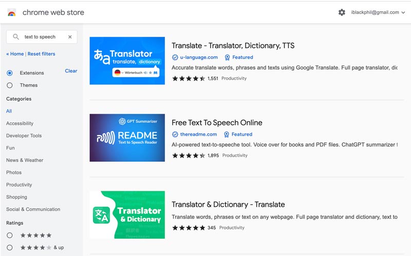 Extensiones TTS en Chrome Web Store