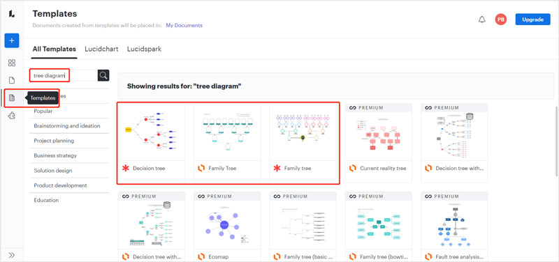 Seleccione una plantilla de diagrama de árbol Lucidchart