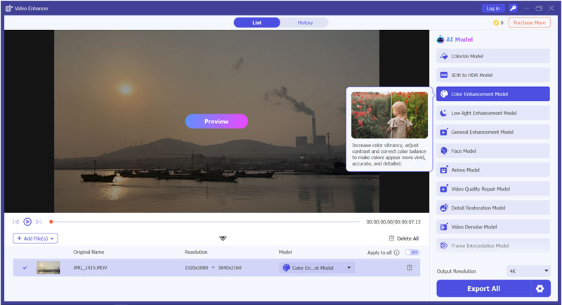 Modelo de corrección de color de vídeo con IA Aiseesoft