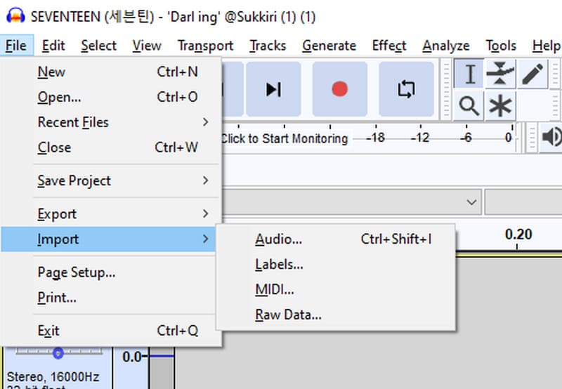 Etiqueta de audio de importación de Audacity