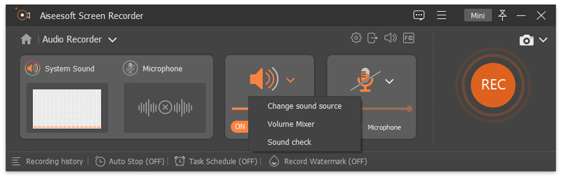 Opciones de audio del altavoz de la grabadora de audio