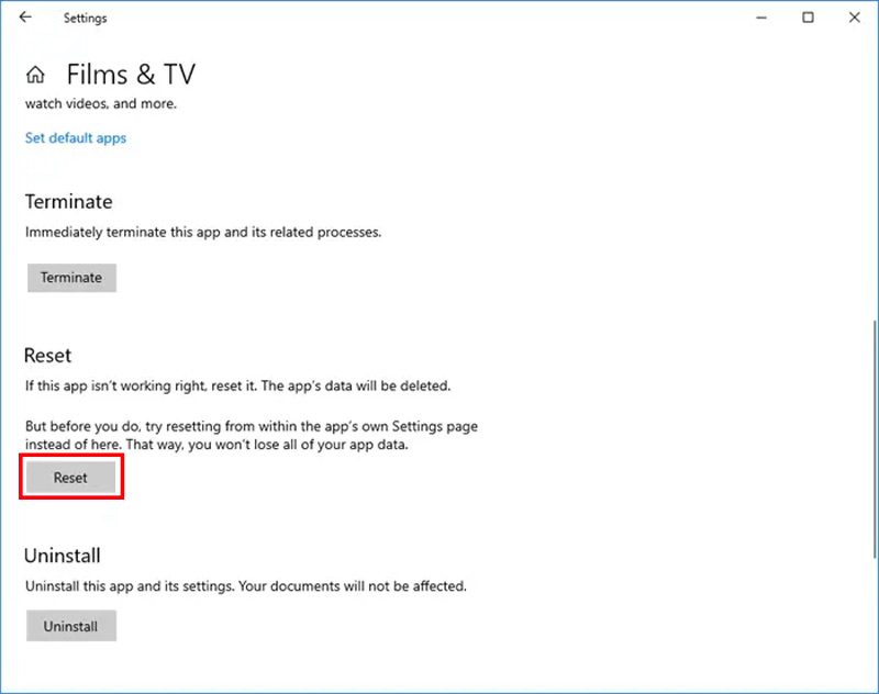 Restablecer películas y TV Windows 11 10