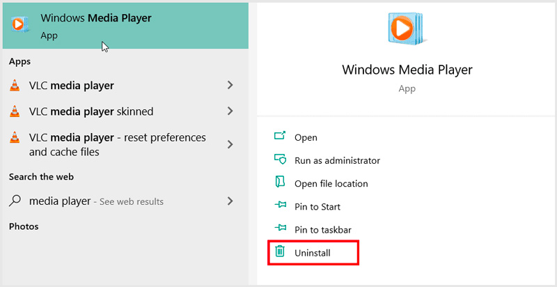 Desinstalar Windows Media Player en Windows 10