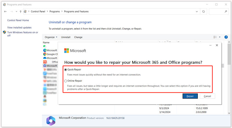 Reparar el programa Microsoft Office de Windows
