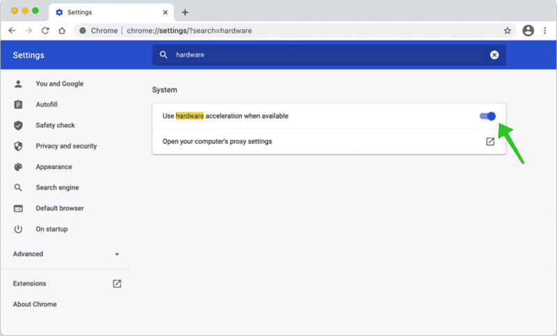 Deshabilitar la aceleración de hardware Google Chrome Mac