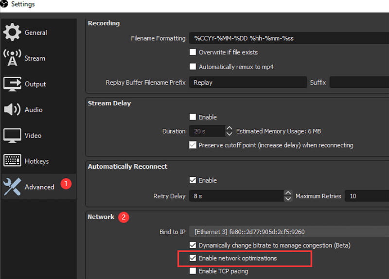 Configuración de OBS Avanzada Habilitar optimizaciones de red