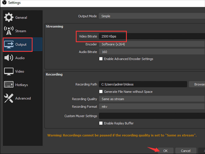 Configuración de OBS Velocidad de bits de vídeo de salida