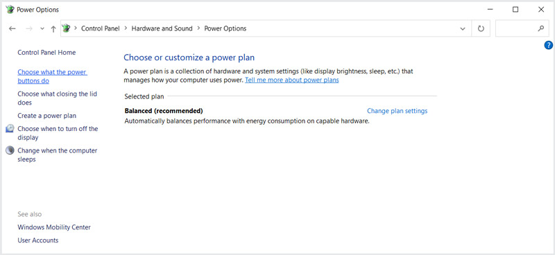 Opciones de energía de hardware y sonido de Windows 10