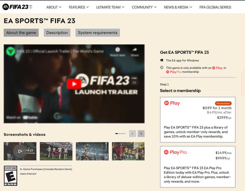 FIFA 23 para PC Sitio web de EA Sports
