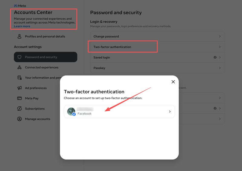 Habilitar la autenticación de dos factores de Facebook en el Centro de cuentas