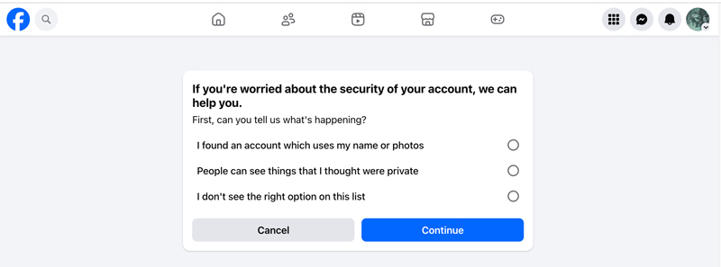 Página de cuenta de Facebook hackeada
