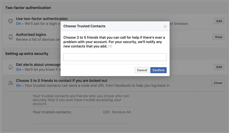 Facebook Agregar Elegir Contactos de confianza