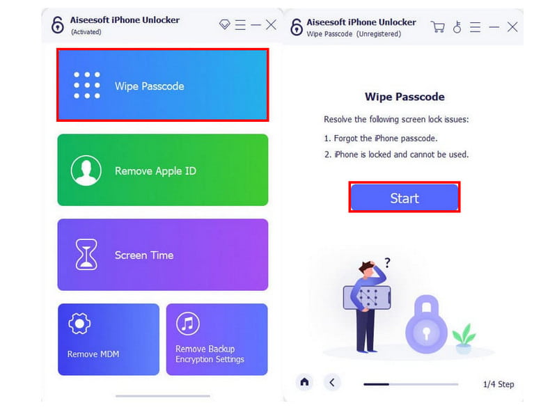 Aiseesoft iPhone Unlocker Wipe Passcode Start