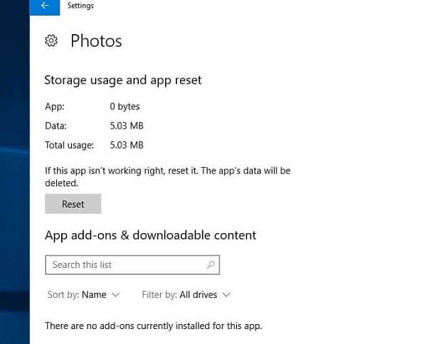 Restablecer la aplicación de fotos de Windows 10