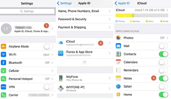 Notas en la configuración de iCloud