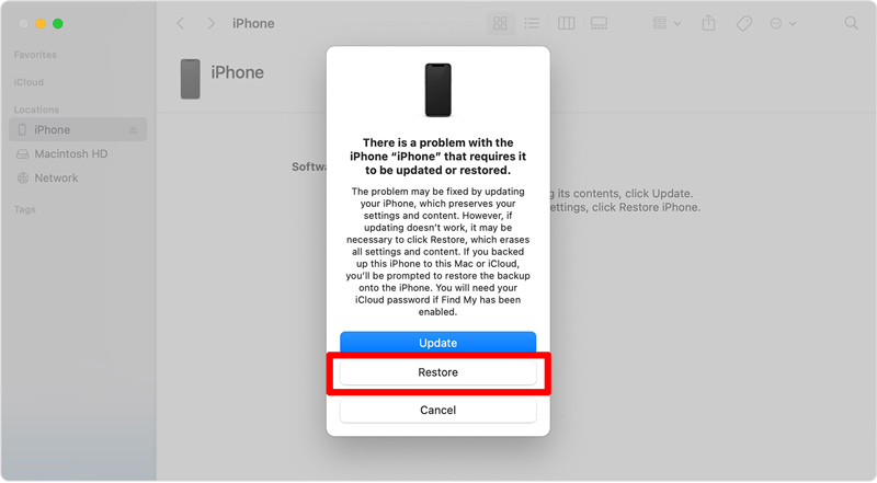 Restaurar iPhone usando el modo de recuperación del Finder