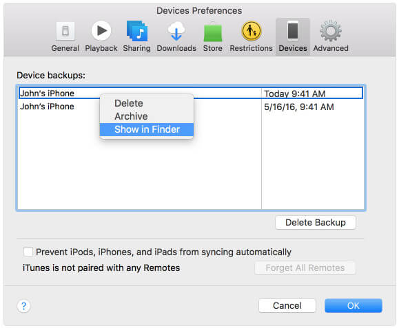 Ubicación de copia de seguridad de iTunes en Mac