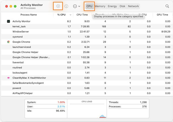 Compruebe la CPU de Mac en el Monitor de actividad