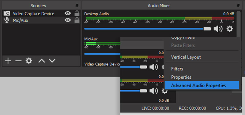 Propiedades de audio avanzadas de OBS