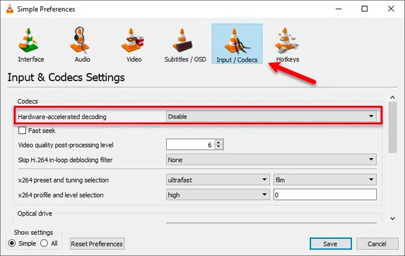 Deshabilitar la decodificación acelerada por hardware VLC