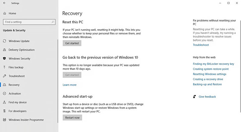 Restablecer esta PC en Windows 10