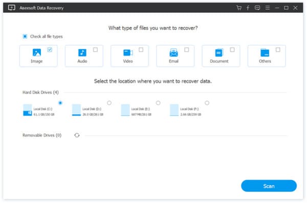 Seleccione el tipo de datos y la unidad de disco