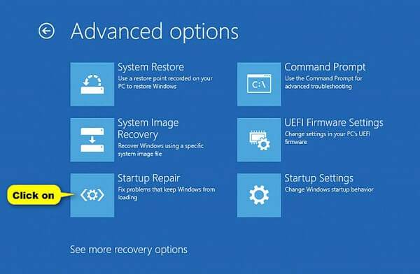 Haga clic en reparación de inicio en Windows 10