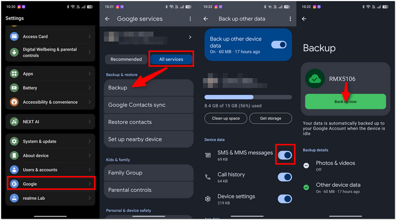 Copia de seguridad de SMS en Google One