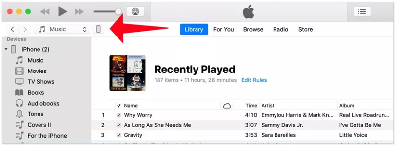 Localice el icono del dispositivo en iTunes