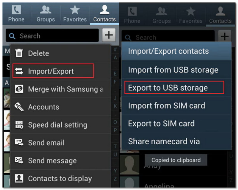 Exportar contactos mediante cable USB