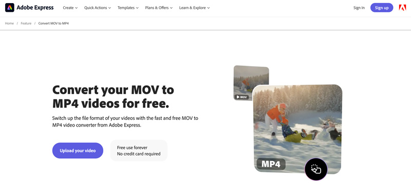 Página de conversión de MOV a MP4 en línea de Adobe Express