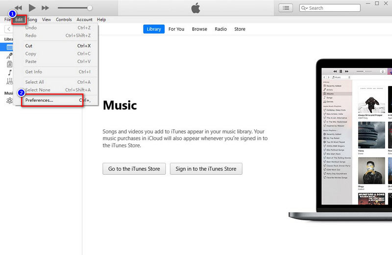 iTunes Seleccione Editar para elegir preferencias