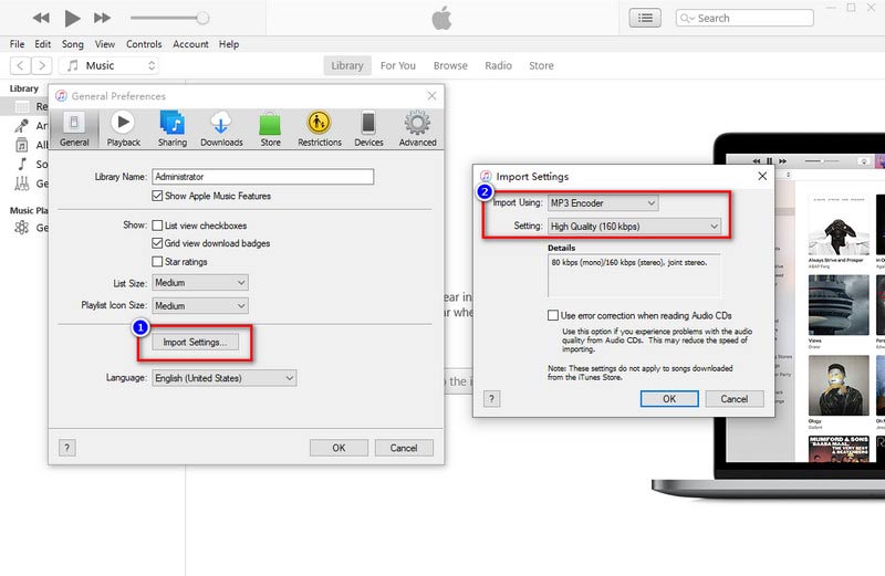 iTunes Seleccione Importar Configuración de MP3 y Calidad