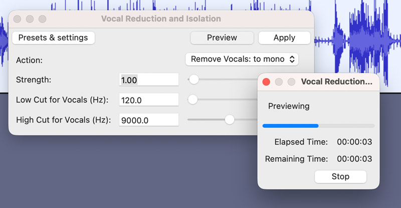 Vista previa de Audacity para eliminar voces