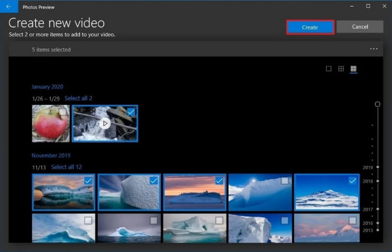 Aplicación de fotos Windows Crear video Combinar archivos MP4