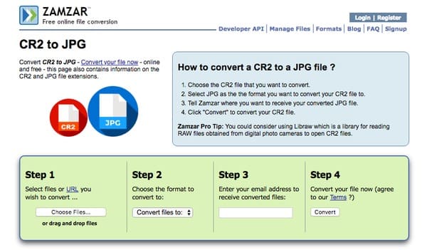 Zamzar CR2 a JPG Convertidor en línea