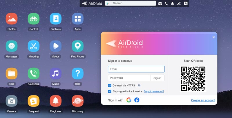Transferencia inalámbrica gratuita de Airdroid en la web