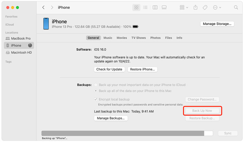 Copia de seguridad de datos de iPhone en Mac usando Finder