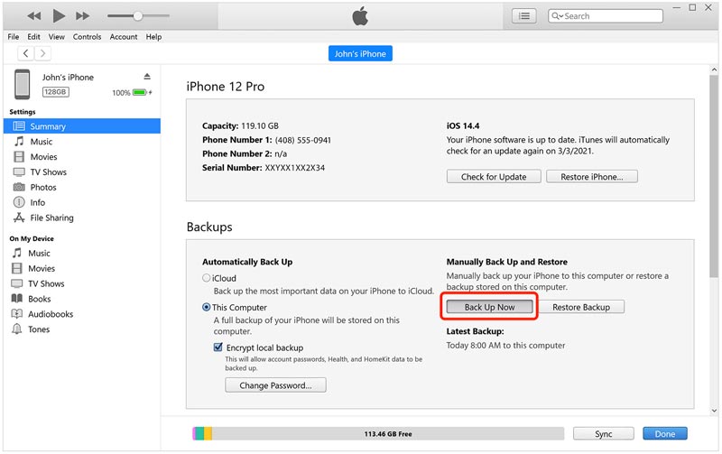 Copia de seguridad de iPhone en iTunes en Windows