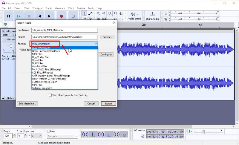 Audacity Exporta MP3 a M4A