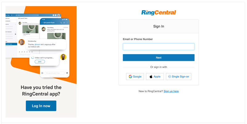 Iniciar sesión en la cuenta de Ringcentral