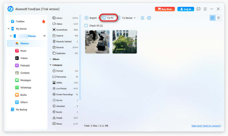 Transferencia de datos de iPhone a PC con Foneease