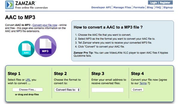 Convertir archivo AAC a MP3 en línea Zamzar