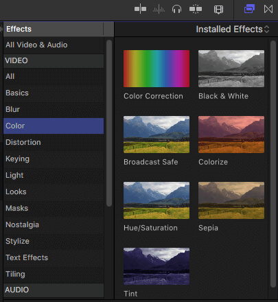 Mostrar tablero de colores en el navegador de efectos
